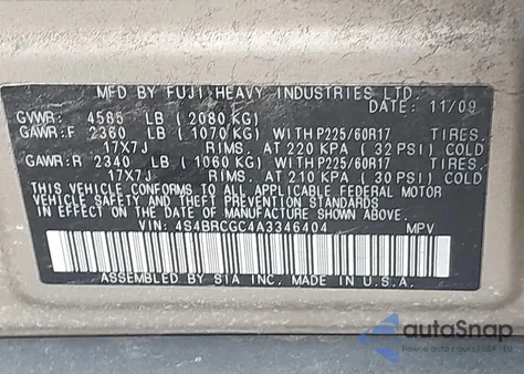 2010 Subaru Outback 2.5I Premium from USA, damaged, VIN 4S4BRCGC4A3346404